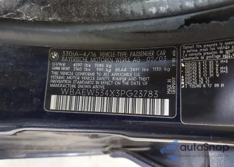 2003 BMW 330Xi from USA, damaged, VIN WBAEW534X3PG23783